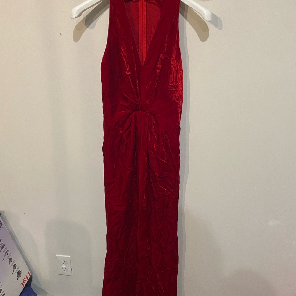 Elegant Red Velour Sleeveless Dress with front Slit